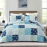Whale Flotilla Patchwork Quilts Queen Size, Extra Soft Boho Floral Bedspreads for Bed Reversible Lightweight Full Queen Quilt Bedding Set Printed Coverlets with 2 Pillow Shams for All Seasons, Blue