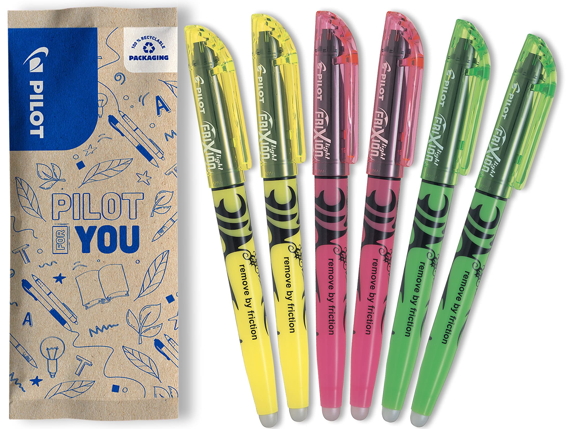 PILOT FriXion Light Erasable Highlighters, Set of 6, Neon Yellow, Neon Pink, Green
