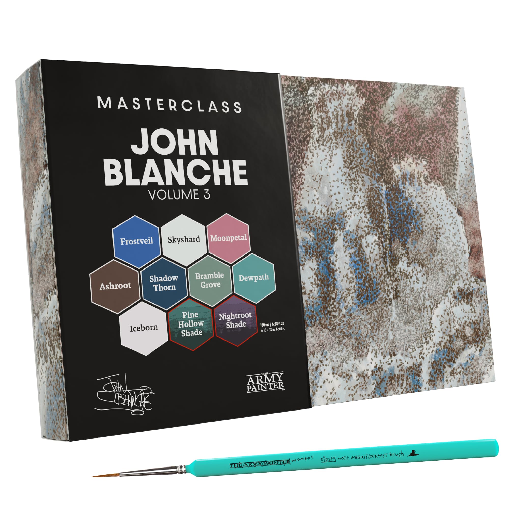 The Army Painter, Masterclass John Blanche Volume 3 Set Combo, 8 x 18 ml Warpaints Fanatic Paints, 2 Washes, 1 Dipit Brush & 1 Art Print - for Miniature Wargaming