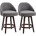 HOMCOM 26" Counter Height Bar Stools, Linen Fabric Kitchen Stools with Nailhead Trim, Rubber Wood Legs and Footrest for Dining Room, Counter, Pub, Set of 2, Dark Gray