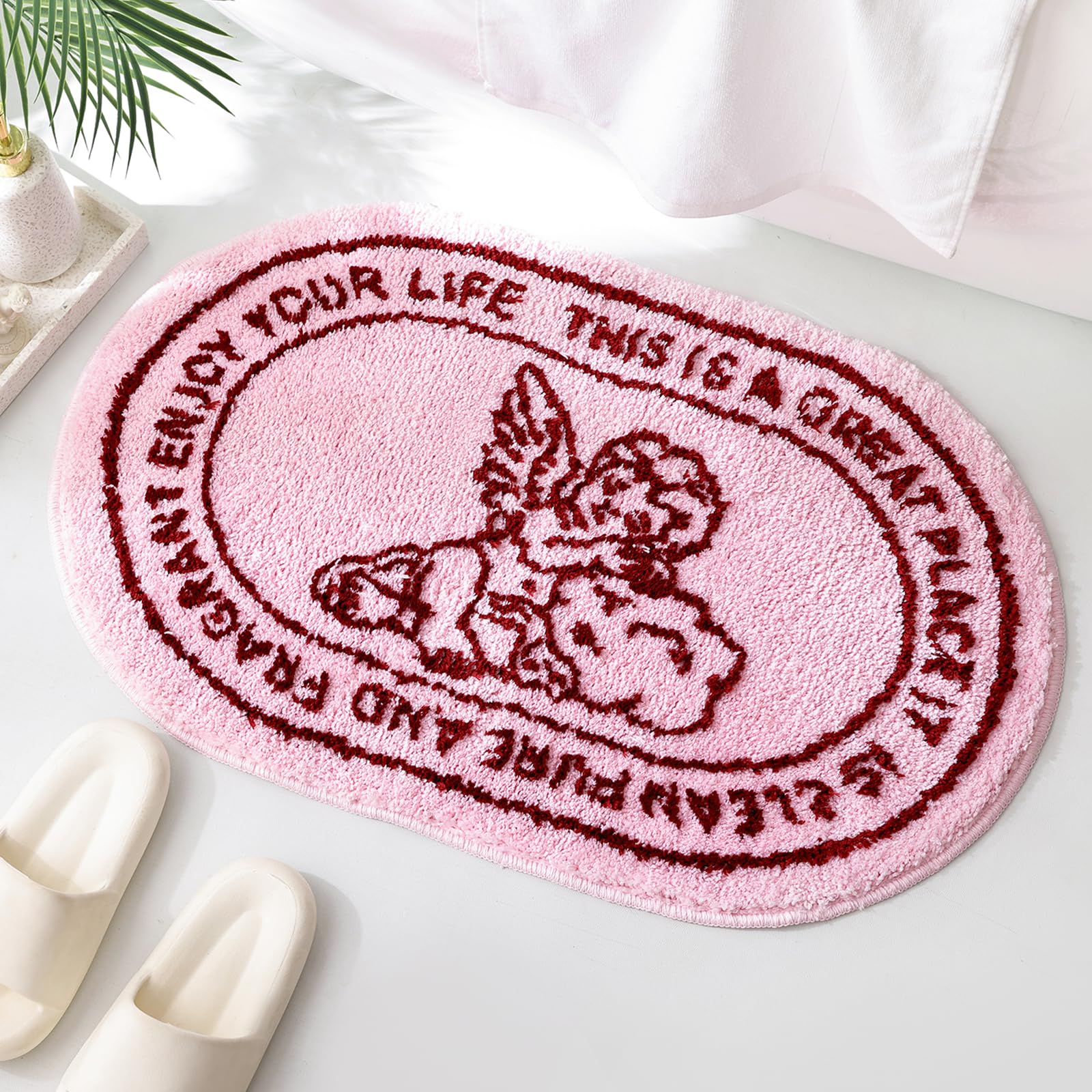 Photo 1 of TRUEDAYS Pink Angel Bath Rug - Soft Bathroom Rugs Non Slip Washable - Absorbent Vintage Cherub Sketch Bath Mat - Cute Bath Mat for Girls, Romantic Aesthetic Decor Rug for Bathroom or Dorm