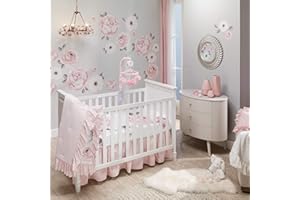 Lambs & Ivy Floral Garden Watercolor/Pink Linen 5-Piece Baby Crib Bedding Set