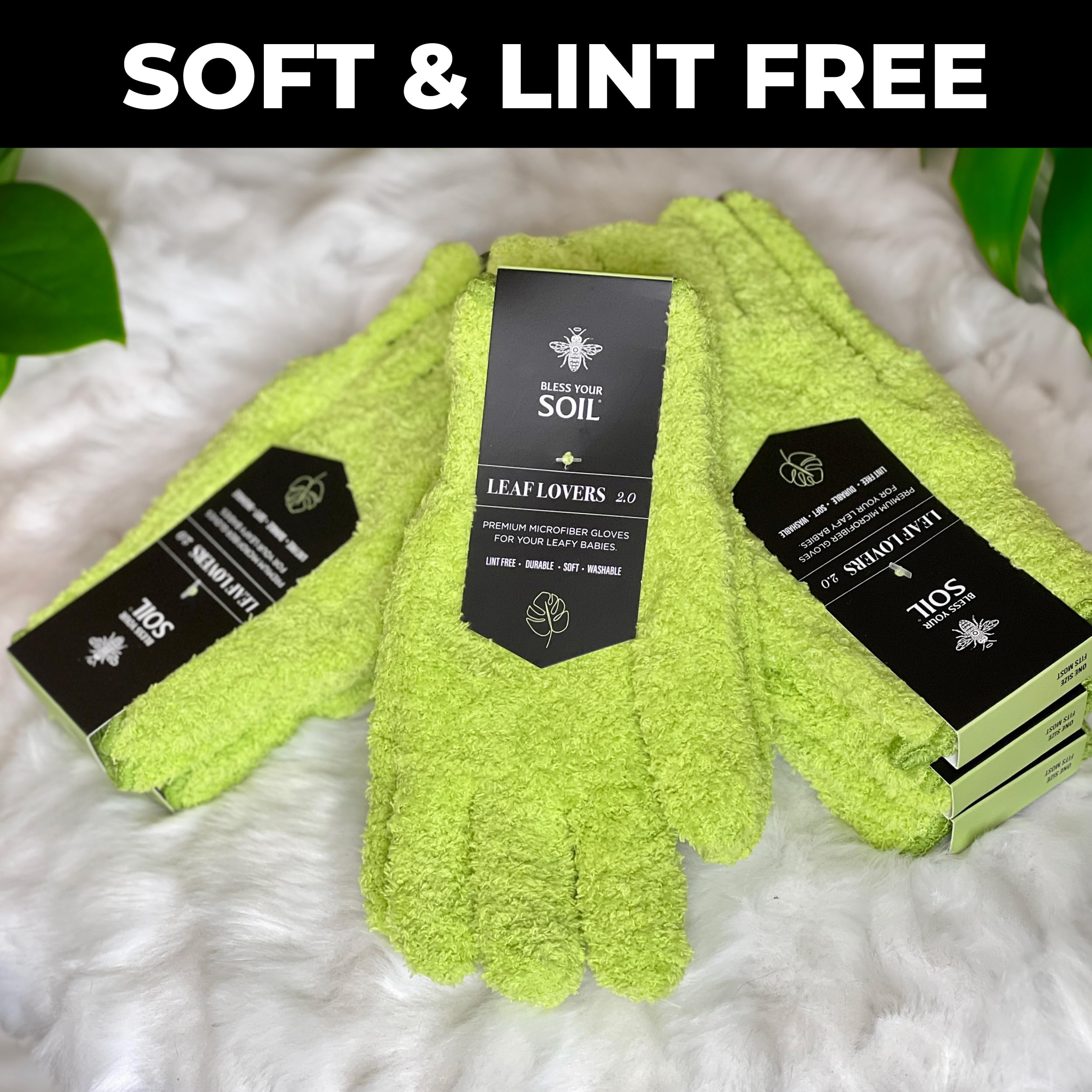 BLESS YOUR SOIL Microfiber Dusting Gloves for Plants : Premium, Gentle, Traps Dust, Washable, Lint Free : Use with Big Leaf Energy ready-to-use spray for houseplants