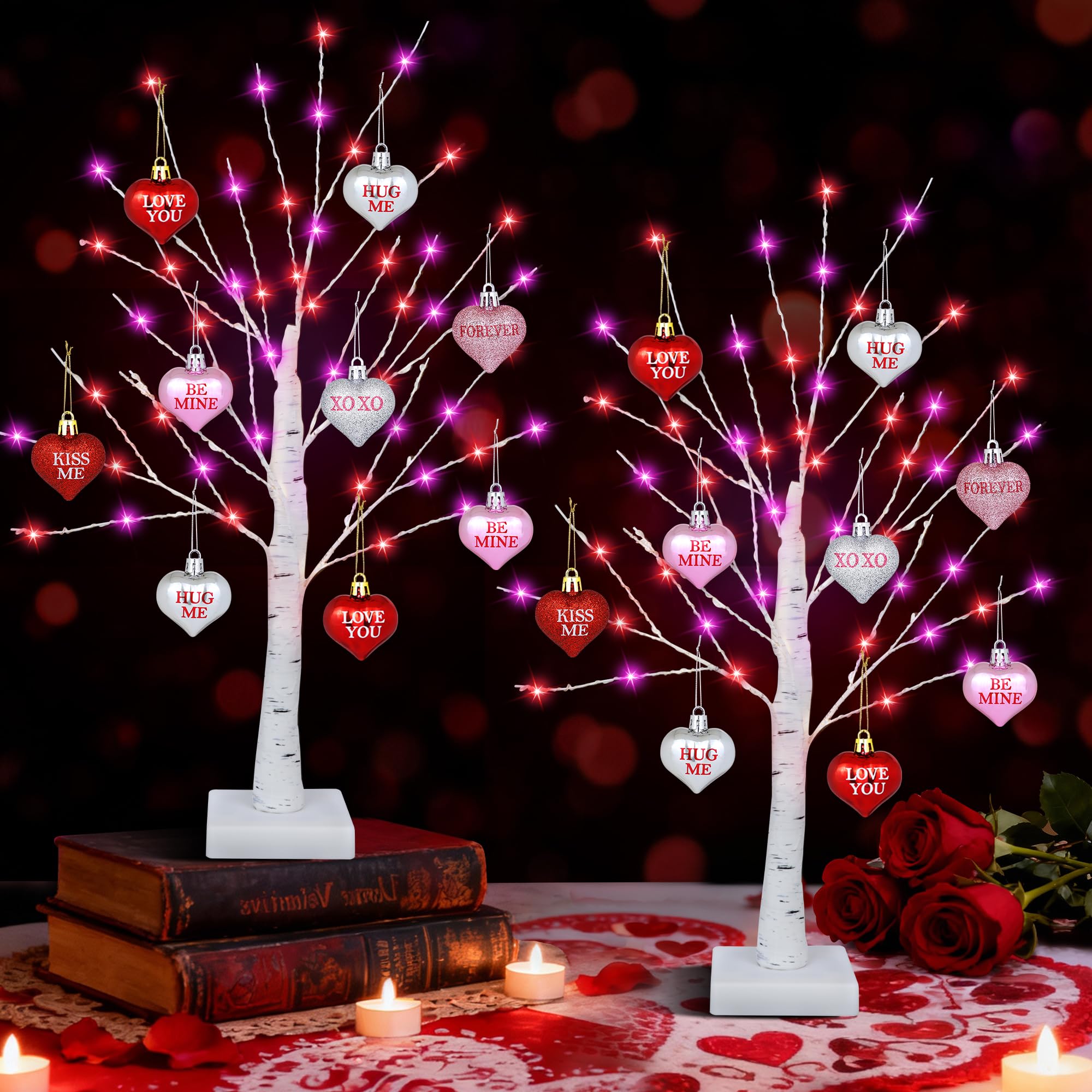 Photo 1 of [Timer] 2 Pack Valentines Day Decorations Indoor, 24 Inch Valentines Decor Tree with 65 Red & Pink Lights 18 Heart Ornaments, USB & Battery Operated Valentines Day Table Decorations Home Party Bedroom