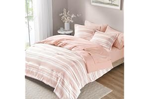 Codi Bed in a Bag Twin Size Complete Set, Pink and White Striped Single Comforter Set 5 Piece for Teen Girls, Modern Neutral Cationic Dyeing Bed Sets with Comforter, Sheets, Pillowcases & Shams