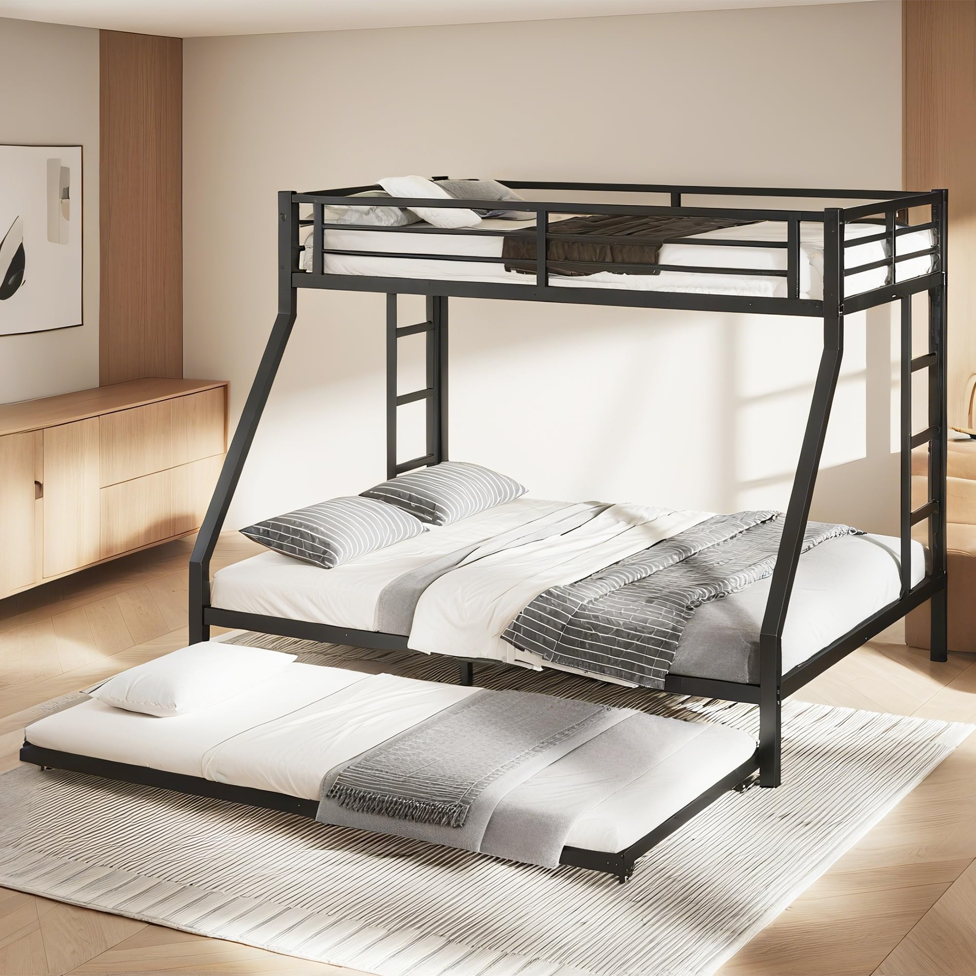 Photo 1 of *** not complete ***Bellemave Twin XL Over Queen Bunk Bed with Trundle, Heavy Duty Metal Frame with Full-Length Guardrails & Ladder, Bunk Beds with Trundle for Kids, Teens, Adults, Black