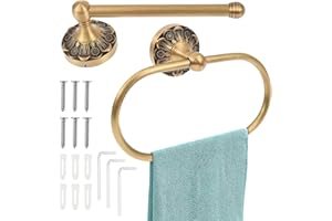 2 Pcs Antique Brass Toilet Paper Holder & Towel Ring, Bathroom Hardware Set Brushed Gold Hand Towel Holder, Hanger Bathroom H