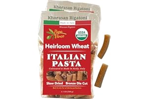 Papa Vince Organic Whole Wheat Non Enriched Rigatoni: Low Gluten Italian Pasta made in Italy from Organic Non GMO Khorasan Ancient Grain grown in Sicily. Slow Dried Bronze Die Cut. High in Selenium & Zinc