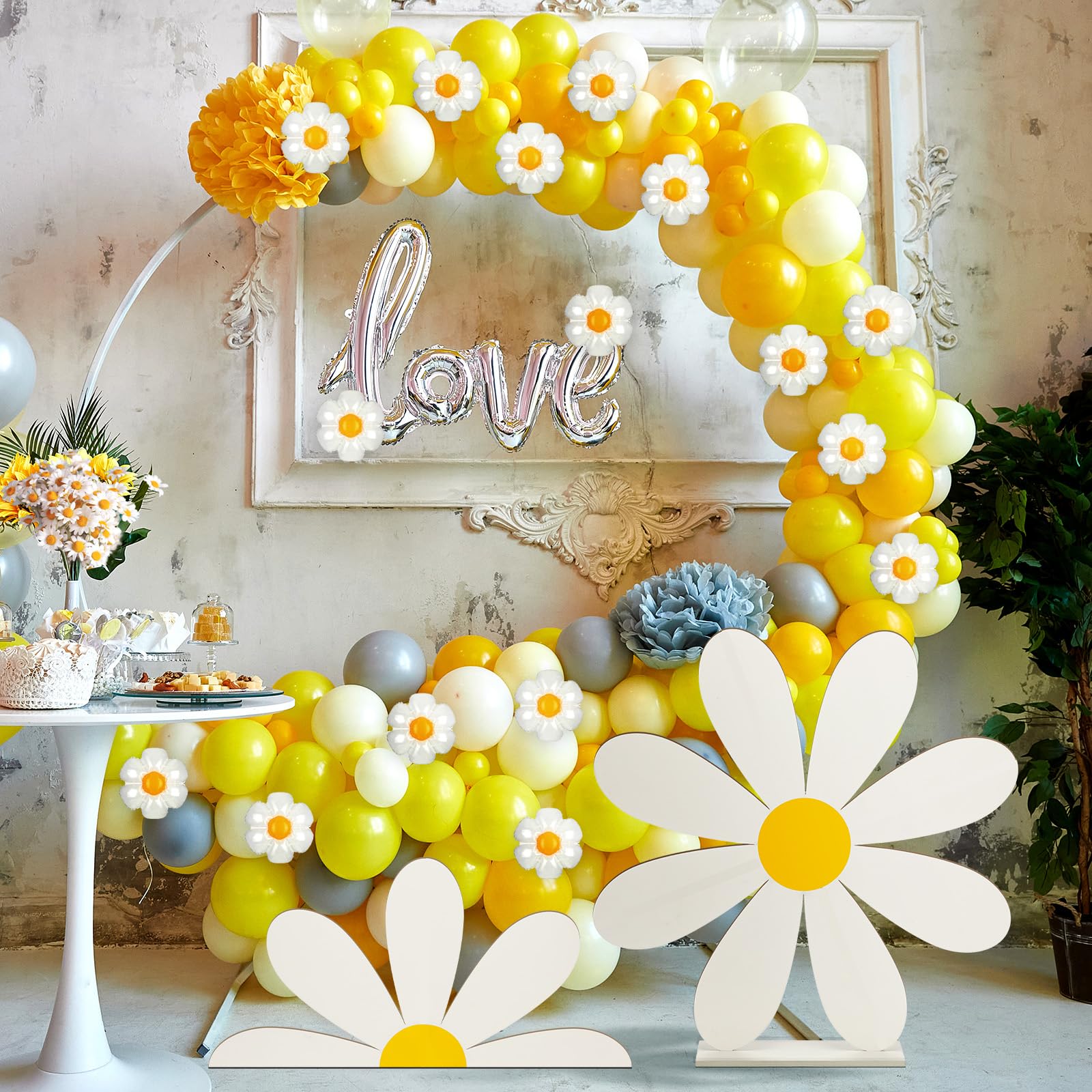 Photo 1 of Amyhill 2 Pcs Large Daisy Decor Set Wooden Boho Daisy Standing Party Decorations Wood Flowers for Baby Shower Birthday Wedding Gifts Bohemian Style Nursery Bedroom Indoor Outdoor