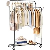 HogHow Clothes Rack, Rolling Clothing Rack with Double Rods for Hanging Clothes, Portable Garment Rack with Wheels, Metal Wardrobe Closet Organizer for Bedroom and Laundry Room