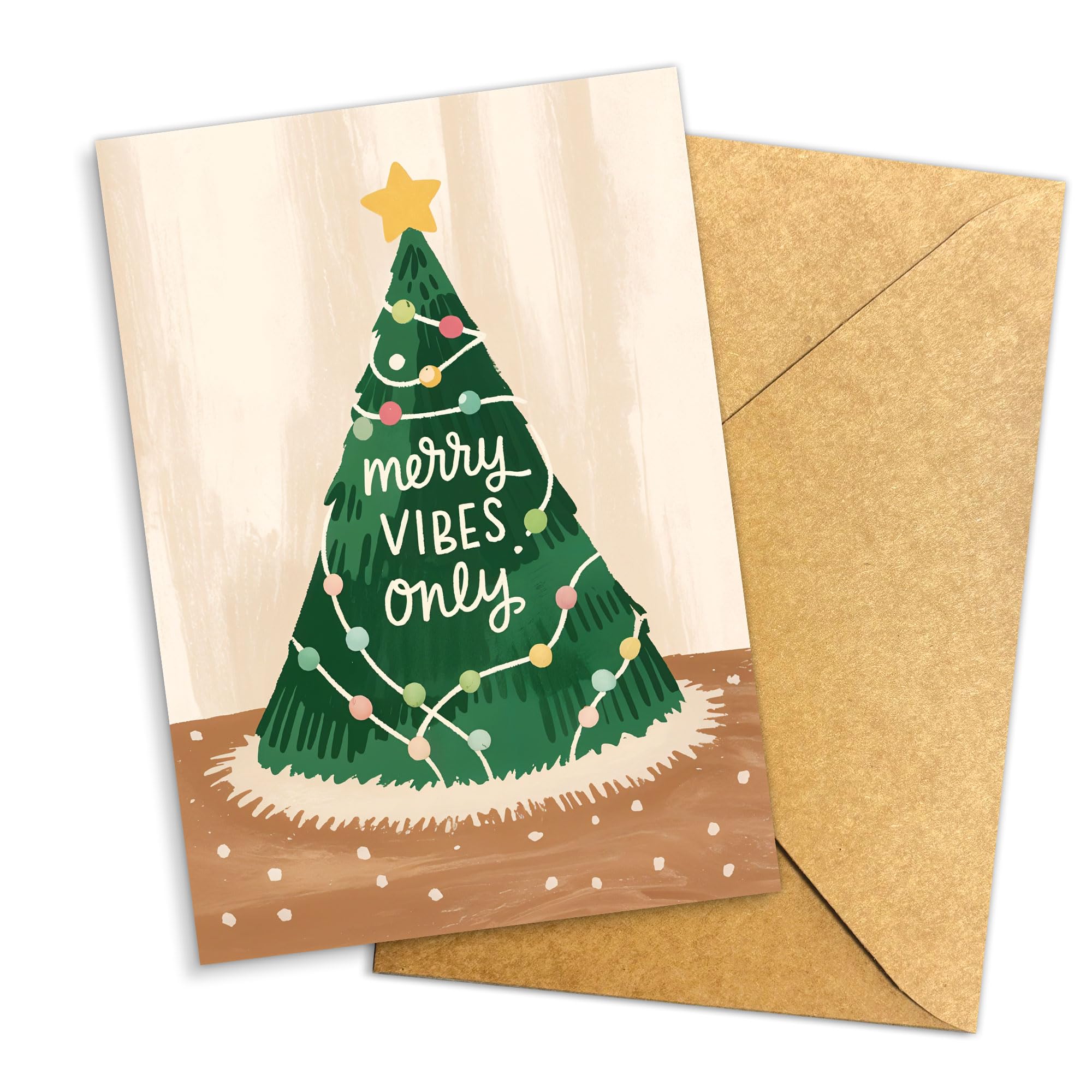 Photo 1 of (5.3x8in) Merry Vibes Only Christmas Card, Cheerful Holiday Greeting with Modern Christmas Tree Design, Cute and Positive Christmas Card with Envelope for Friends, Family, Coworkers (Xmas 81)