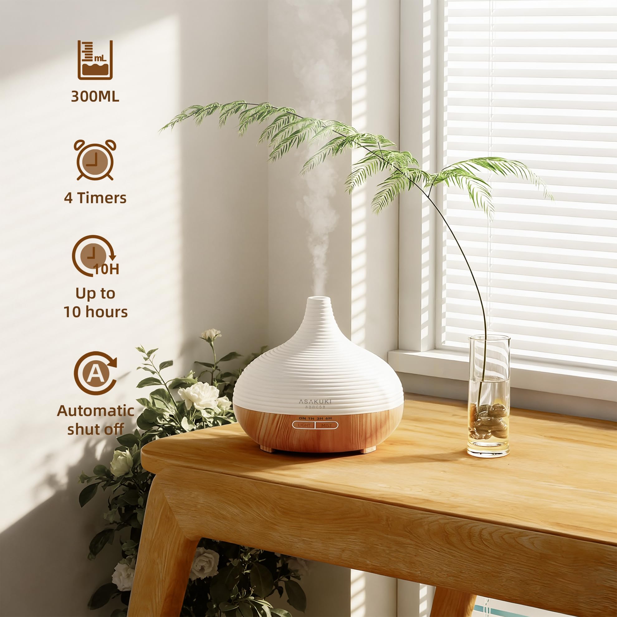 ASAKUKI 300ml Essential Oil Diffuser, Wood Grain Ultrasonic Aromatherapy Diffuser, Quiet Diffuser with 4 Timers, Auto Shut-Off & Colour-Changing LED for Home, Office, Yoga | Relaxation & Better Sleep