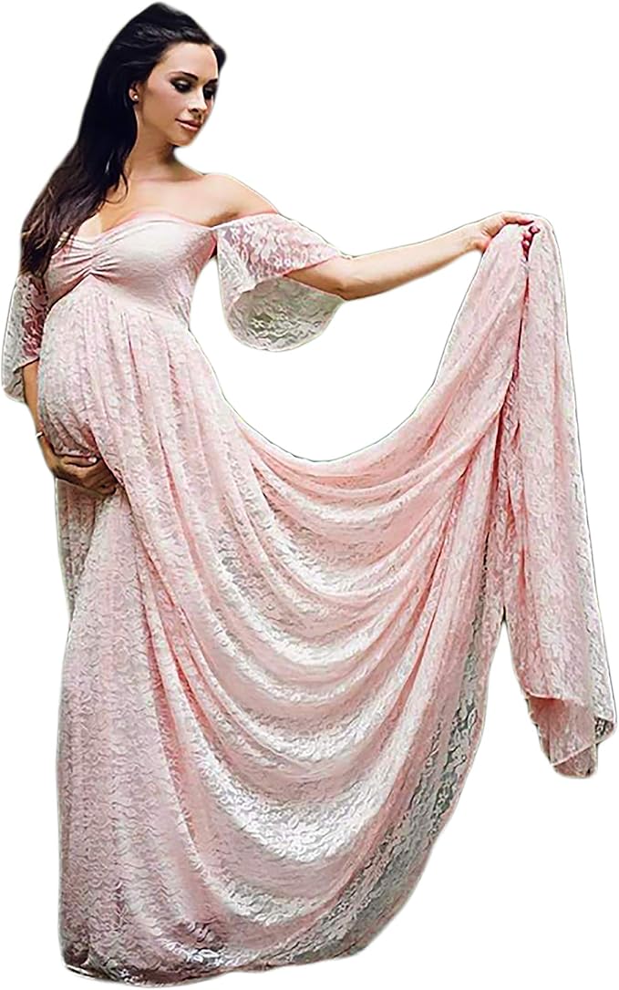 Women's OffShoulder Maternity Lace Maxi Dress with Ruffle Sleeves for