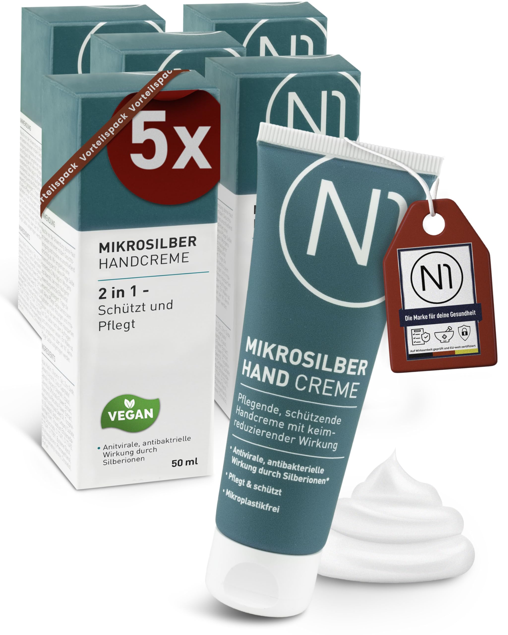 N1 Mikrosilber Handcreme für sehr trockene Hände 250ml [inkl. Desinfektion] - Handcreme rissige Hände + Desinfektionsmittel für Hände in einem Produkt