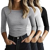 Locoowai 3 Pack Women's 3/4 Sleeve Shirts Slim Fit Side Ruched Tops Basic Crewneck Going Out Tees Y2k Outfits