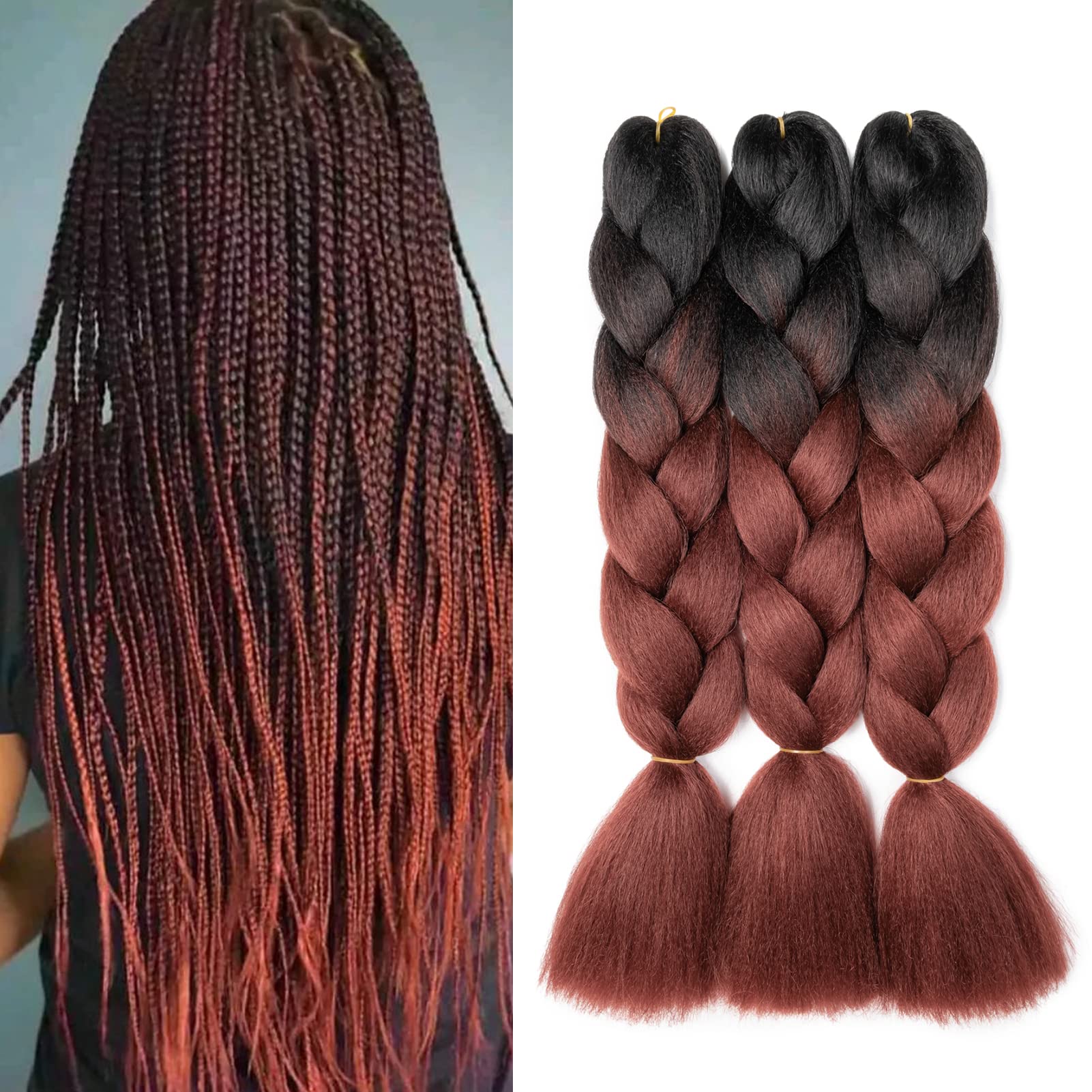 Gairyan Braiding Hair Extensions Ombre Jumbo Braids Synthetic Hair 3 Packs 24 inches 300g Coloured Hair for Braiding Extensions Box Braids Crochet Twist (Black-Red Brown) โ image 1