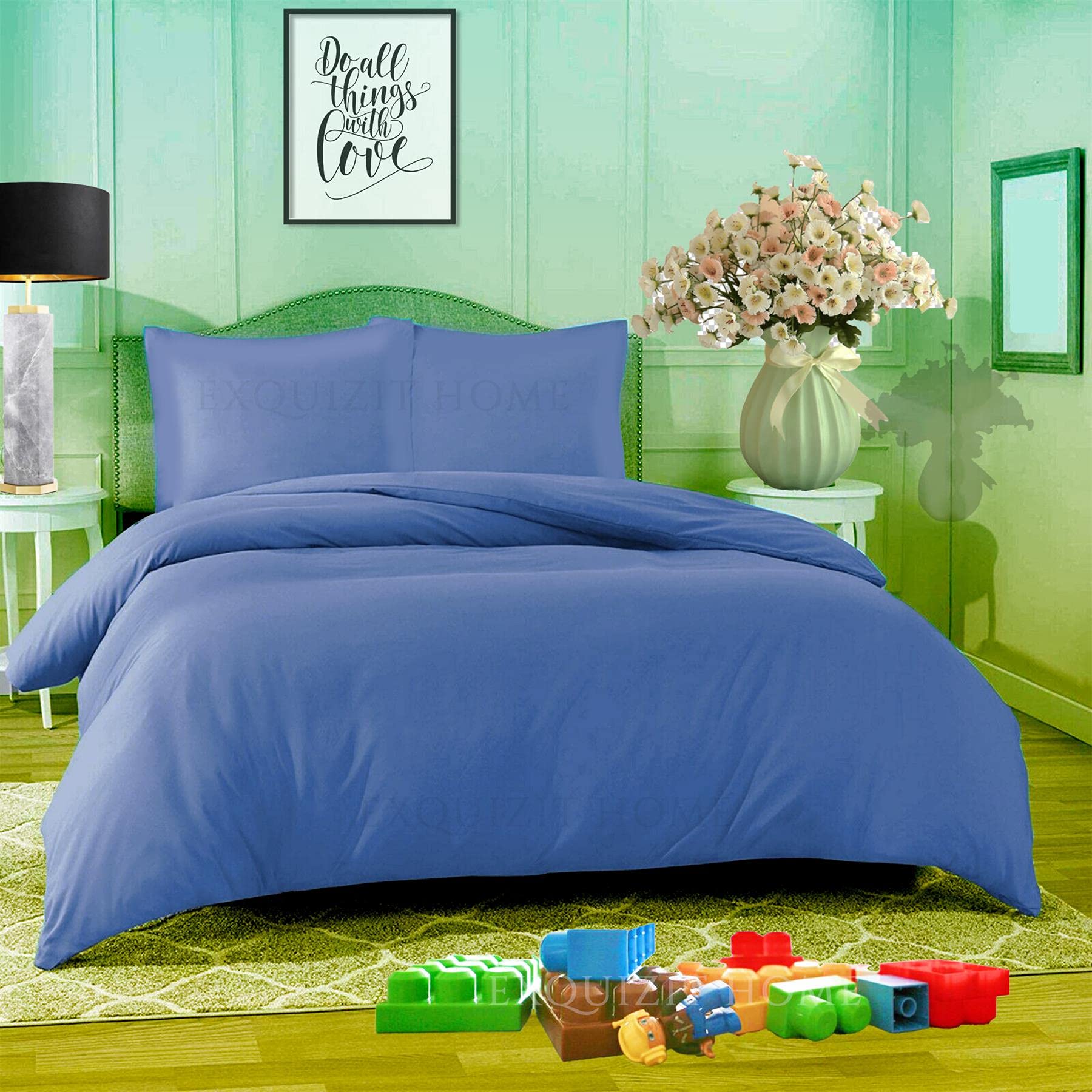EXQUIZIT HOME® Duvet Quilt Cover Bedding Set with Matching Pillowcases Easy Care Plain Dyed Poly Cotton Soft Wrinkle Resistant Hotel Quality Machine Washable Bedding (Mid Blue, King)