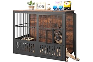 Yafylly 48 Inch XXL Dog Crate Furniture, Wooden Chewproof Dog Kennel with Interactive Window, 360° Adjustable Bowls (5 Heights), Storage Table Top, Heavy Duty XL Dog Crate for Medium Large Dogs, Brown