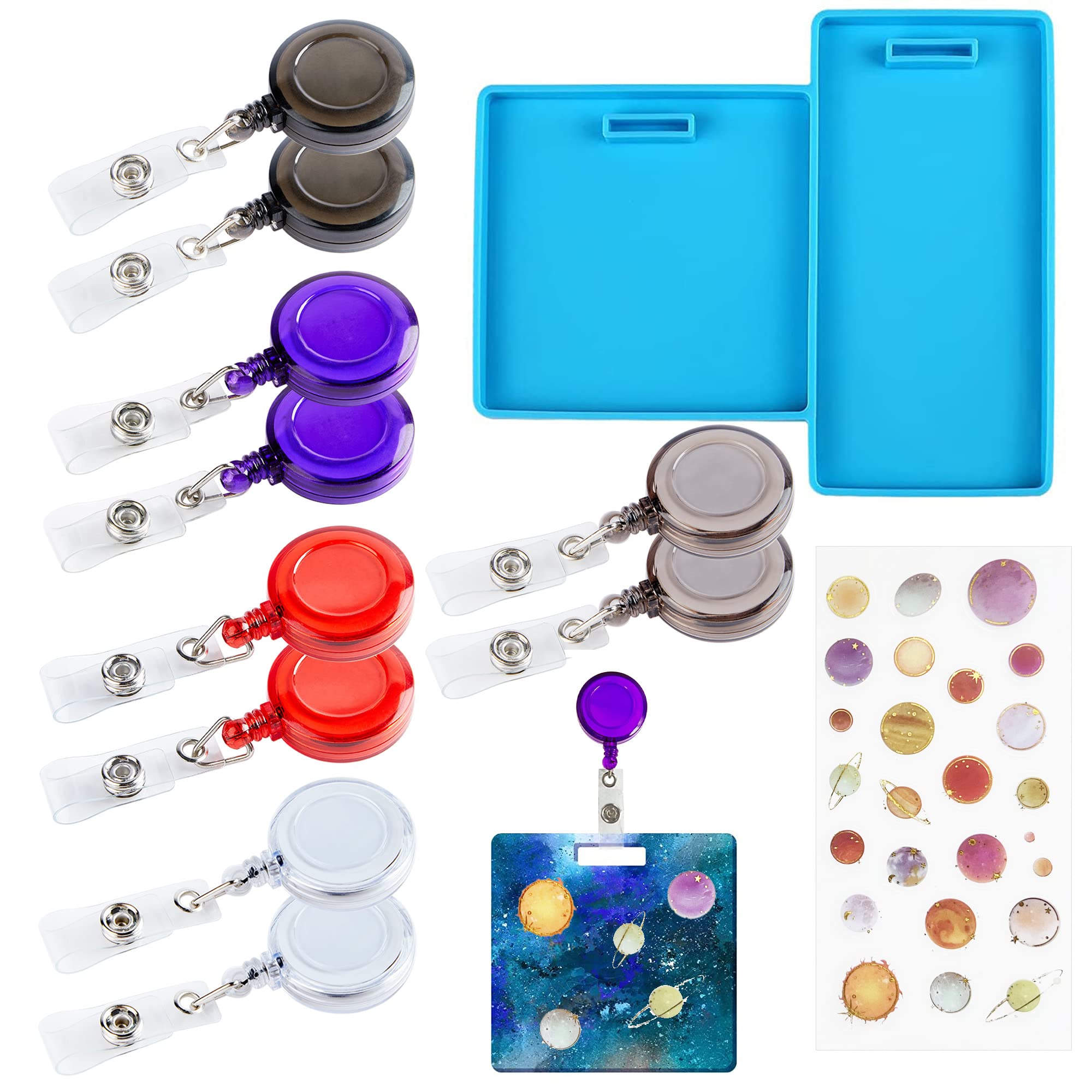Yayatty Resin Molds Silicone ID Card Holder, Badge Molds for Epoxy Resin with 10 Pcs ID Badge Reel Clip and Planet Filler Sticker