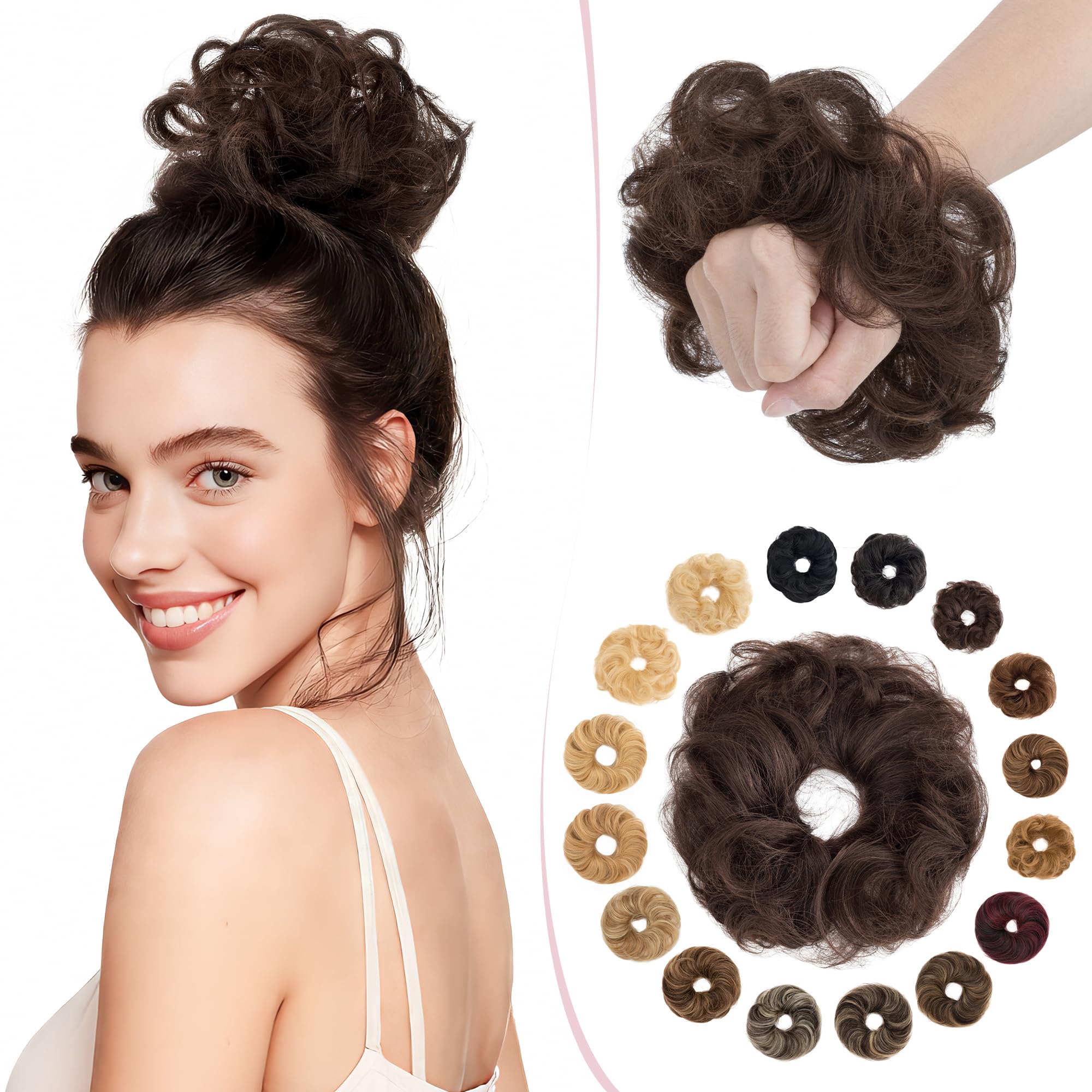 SEGO Messy Human Hair Scrunchies for Women Hair Buns Hairpiece [#2 Dark Brown] Real Remy Updo Scrunchies Donut Hair Extensions Chignons Curly Wavy (23g) — image 1