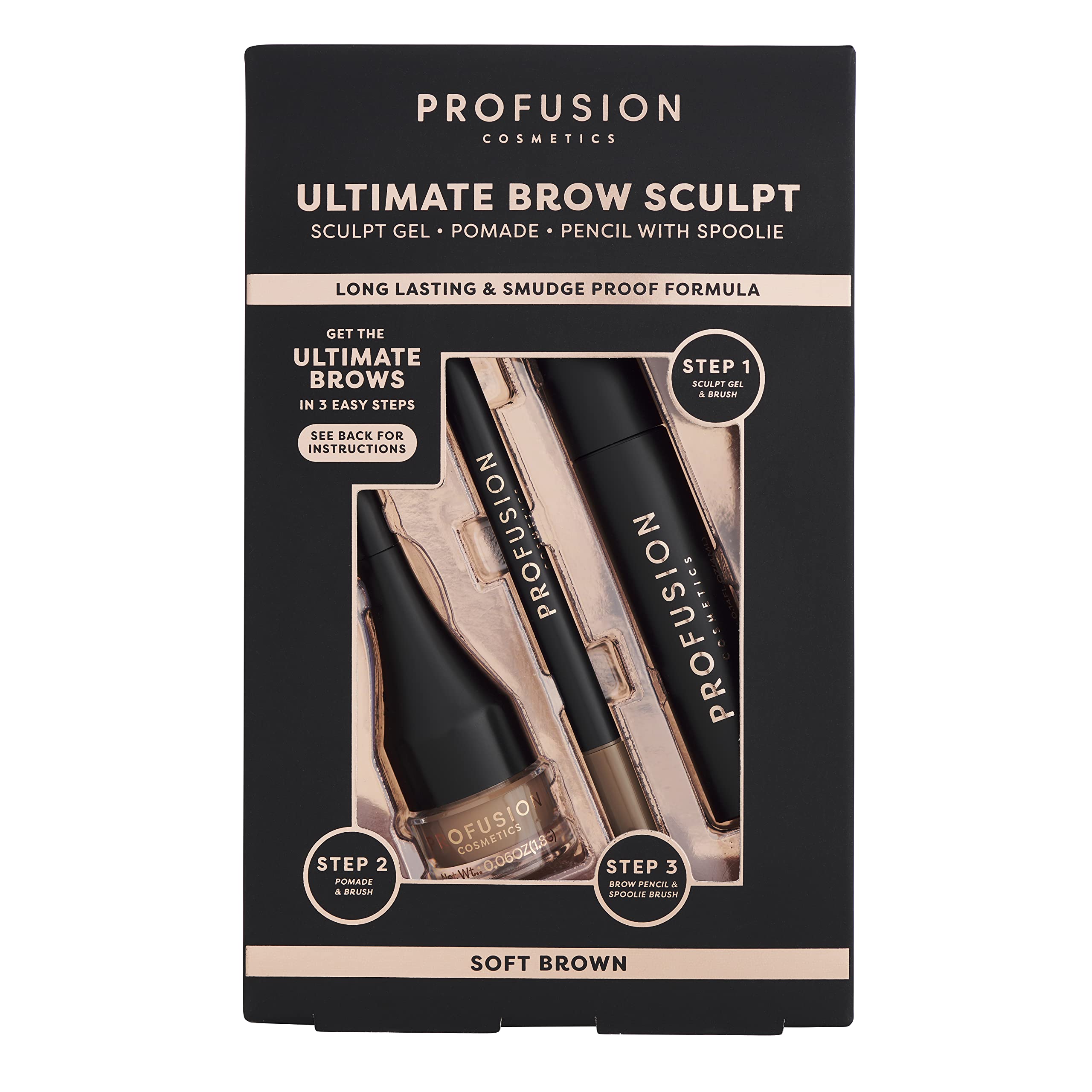 Profusion Cosmetics Ultimate Brow Sculpt Gel for Ideal Brow, Achieve Laminated Mesmerizing Brow with Brow Sculpt Gel with Dual Ended Tool, Brow Pomade with Creamy Texture, and Brow Pencil, Soft Brown