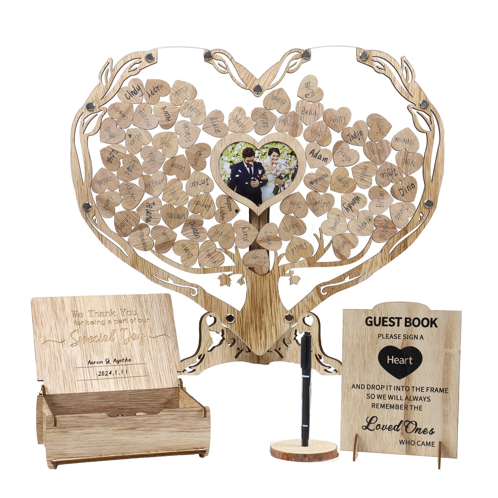Photo 1 of Heart Wedding Guest Book Alternative, Rustic Wooden Wedding Souvenirs with Heart Picture Frame, Heart Guest Book Drop Box, Personalized Decor Party Birthday