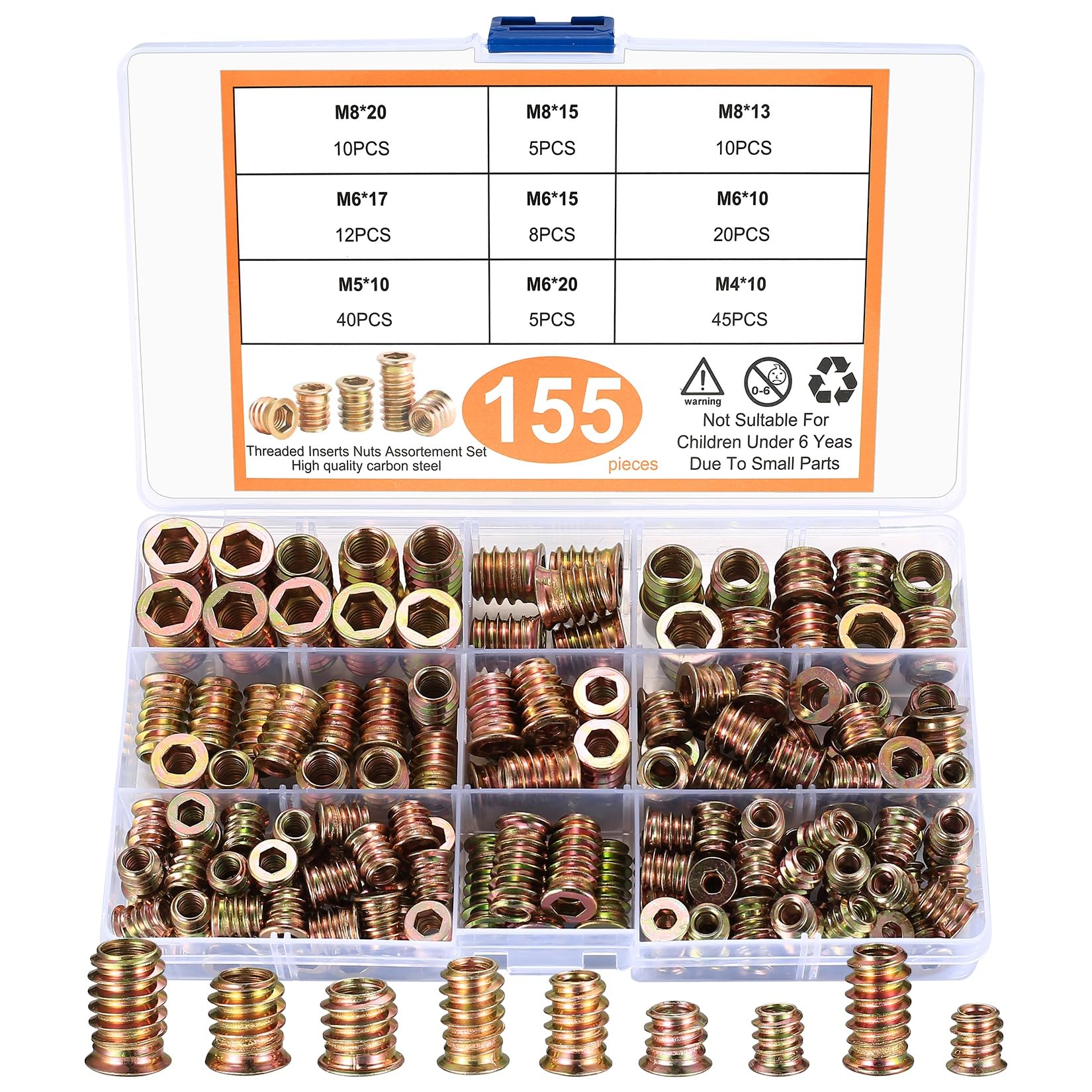 Threaded Inserts for Wood, 155 Pcs Threaded Insert Nuts, M4 M5 M6 M8 Flanged Hex Socket Screw-in Nuts, Hexagon Socket Screws Wood Threaded Insert for Wood Furniture (Color Zinc)