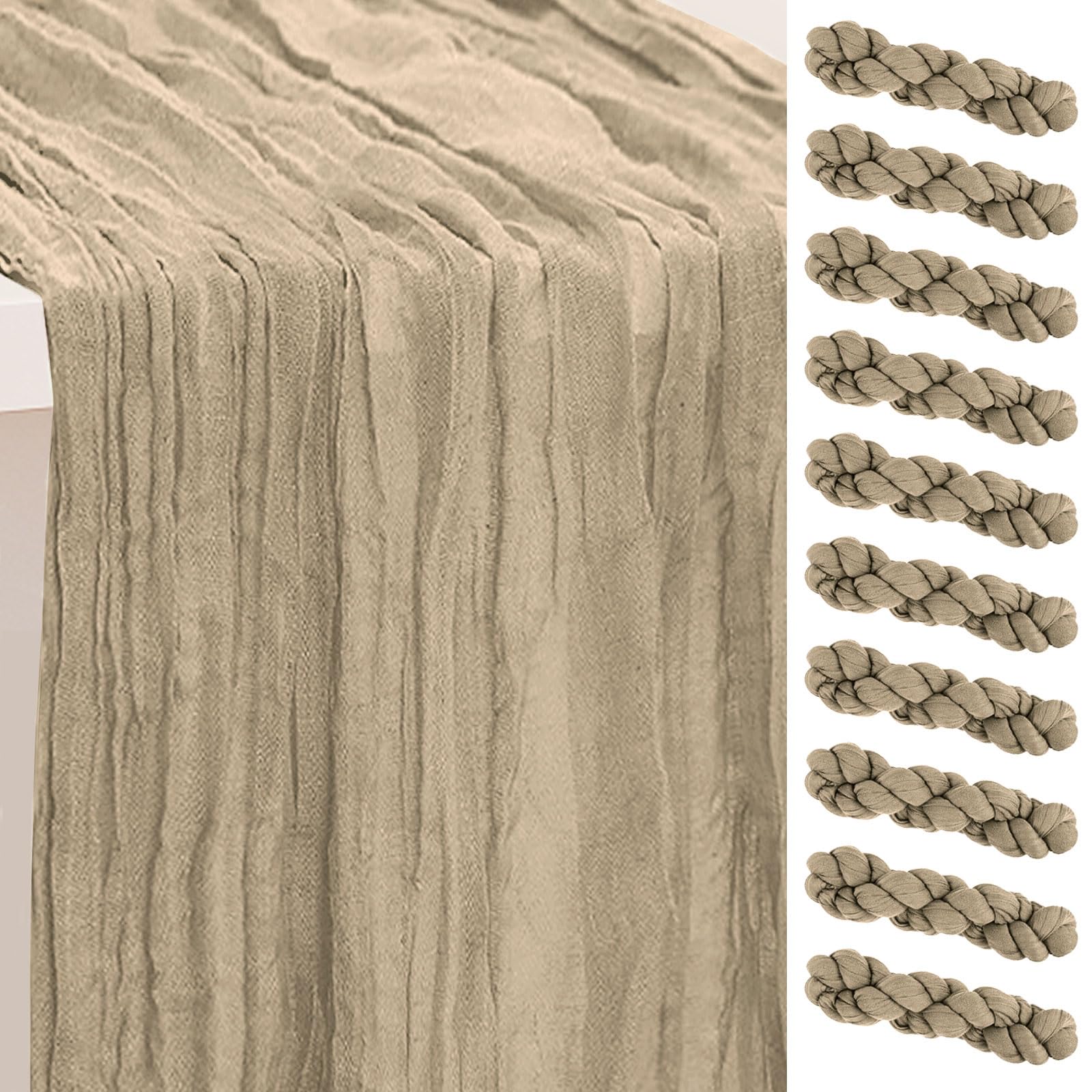 Photo 1 of 10 Pack Khaki Cheesecloth Table Runner 35x120 Inch 10Ft Rustic Gauze Cheese Cloth Table Runner Sheer Cheesecloth Table Runners for Wedding Party Bridal Shower Decoration