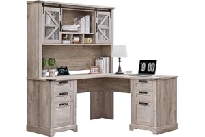 RedLemon 60" Farmhouse L Shaped Desk with Hutch, Wood Home Office Executive Desk with Drawer, Charging Station, File Drawer, Storage Cabinet, Rustic Writing Computer Desk (Light Rustic Oak)