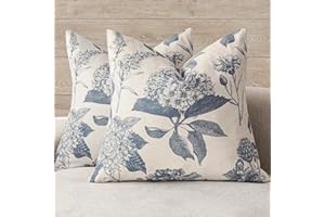 Foindtower Set of 2 Linen Floral Vintage Throw Pillow Covers Neutral Accent Print Decorative Cushion Covers Farmhouse Boho Home Decor for Sofa Chair Couch Bedroom Living Room,20×20 Inch,Blue