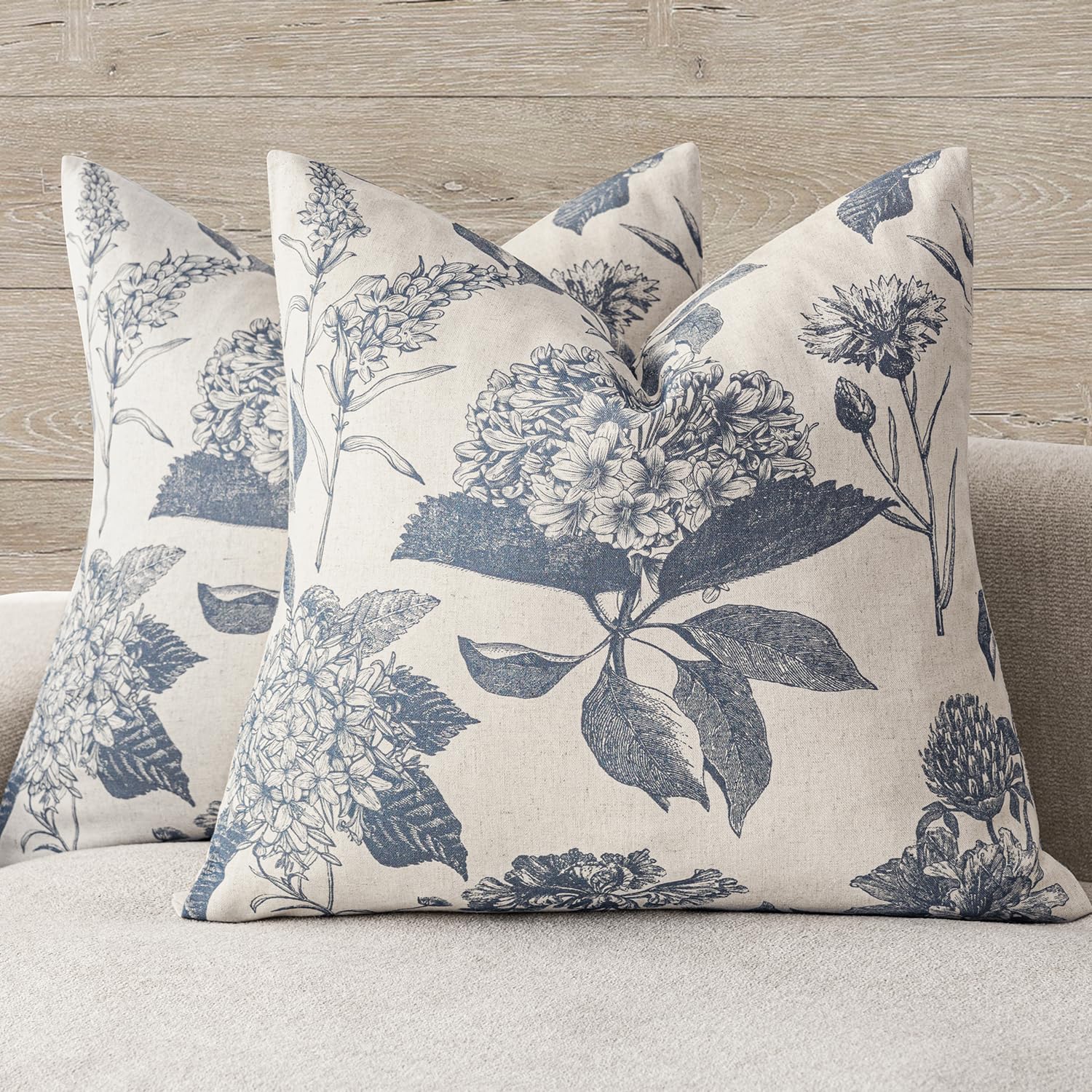 Photo 1 of Foindtower Set of 2 Linen Floral Vintage Throw Pillow Covers Neutral Accent Print Decorative Cushion Covers Farmhouse Boho Home Decor for Sofa Chair Couch Bedroom Living Room Outdoor,22×22 Inch,Blue