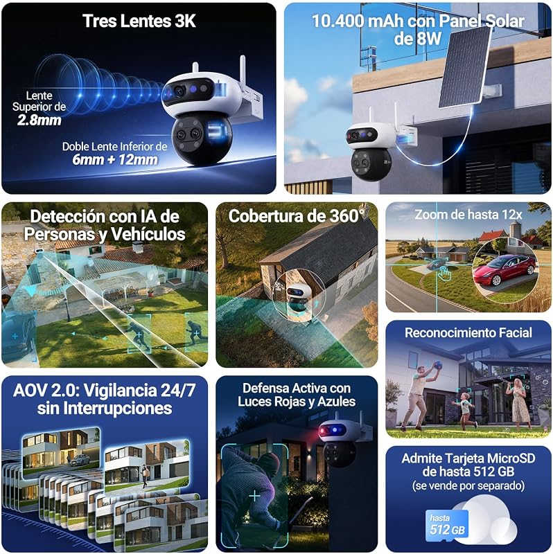 Câmara de 15MP (5+5+5 MP) WiFi Vigilância solar exterior, bateria, zoom misto 12x, objetiva tripla 3K, wireless, 360°, AOV, deteção de pessoas por IA, kit CB90F