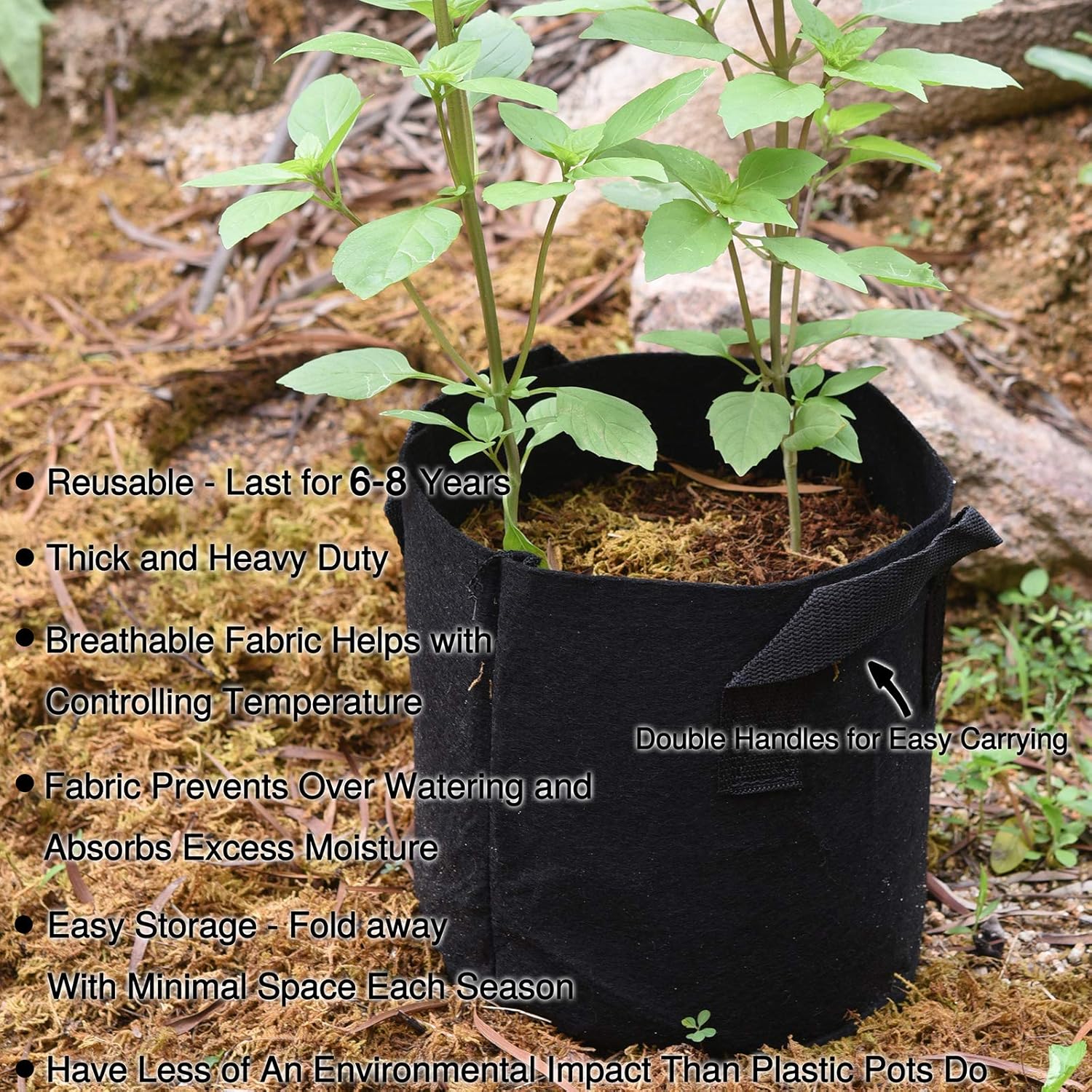 FiveSeasonStuff 7 Gallon Grow Bags Upgraded Heavy Duty Handles, 5 Pack Reusable Breathable Planters, Black, 7 Gallons, 5 Pcs - Image 4
