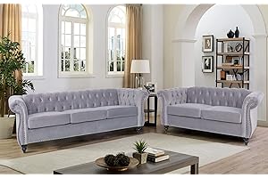 RARZOE Modern 2 Pieces Living Room Sofa Set, Contemporary Tufted Button Velvet Chesterfield Three Seater Couch and Chesterfield Loveseat with Nailhead Trim Scroll Arms for Home Furniture (Grey)