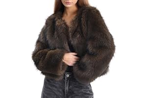 Amazhiyu Women Cropped Winter Coat Fleece Open Front Faux Fur Coat with Pockets