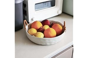SEICASAYA 25.5cm Ceramic Serving Bowl with Rattan Handles - Handcrafted Textured Fruit Dish - Rustic Decorative Centerpiece f