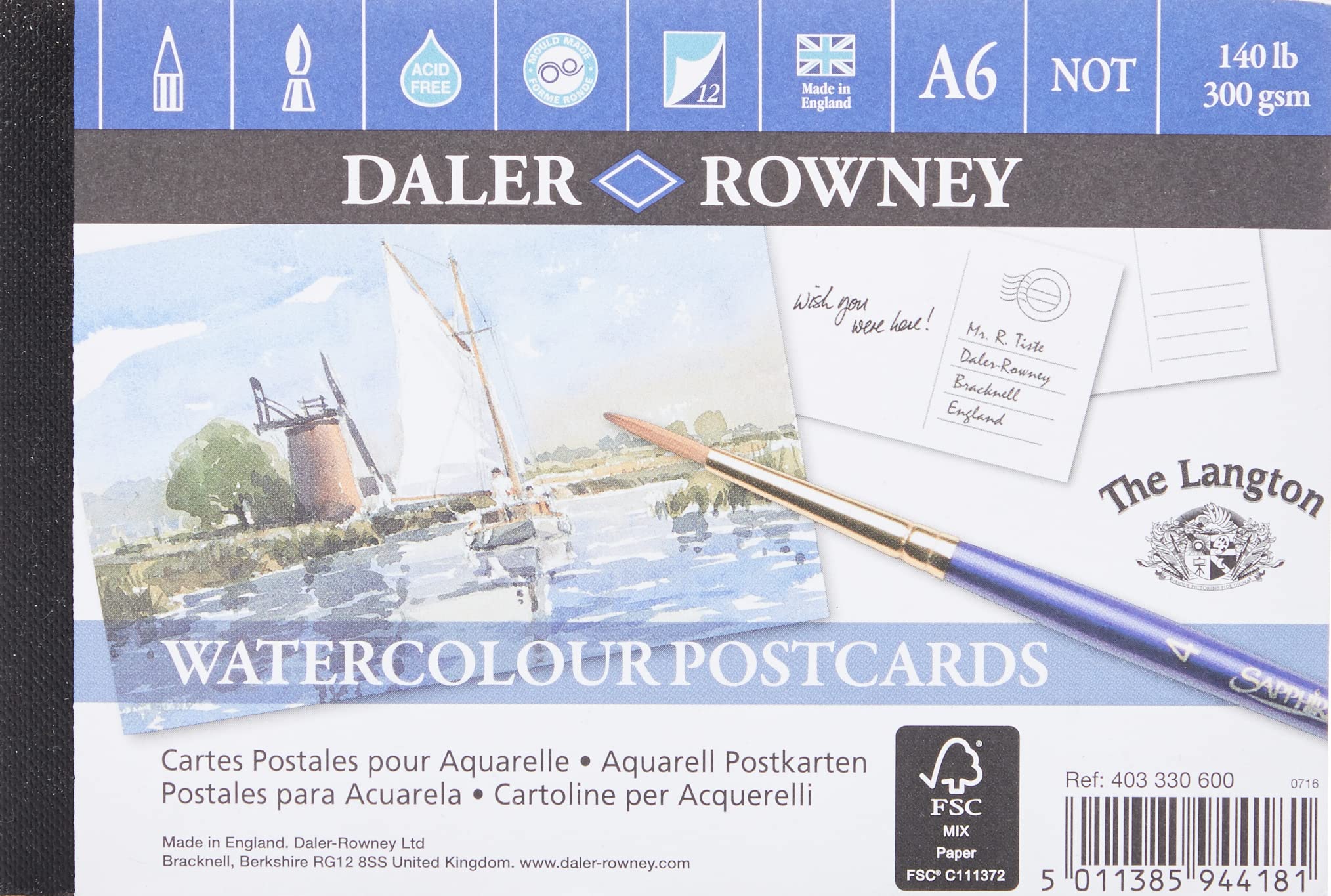 Daler-Rowney The Langton Cold-Pressed 300gsm A6 Watercolour Postcard Size Paper Pad, Glued 1 Side, 12 Natural White Sheets, For Professional Artists & Students