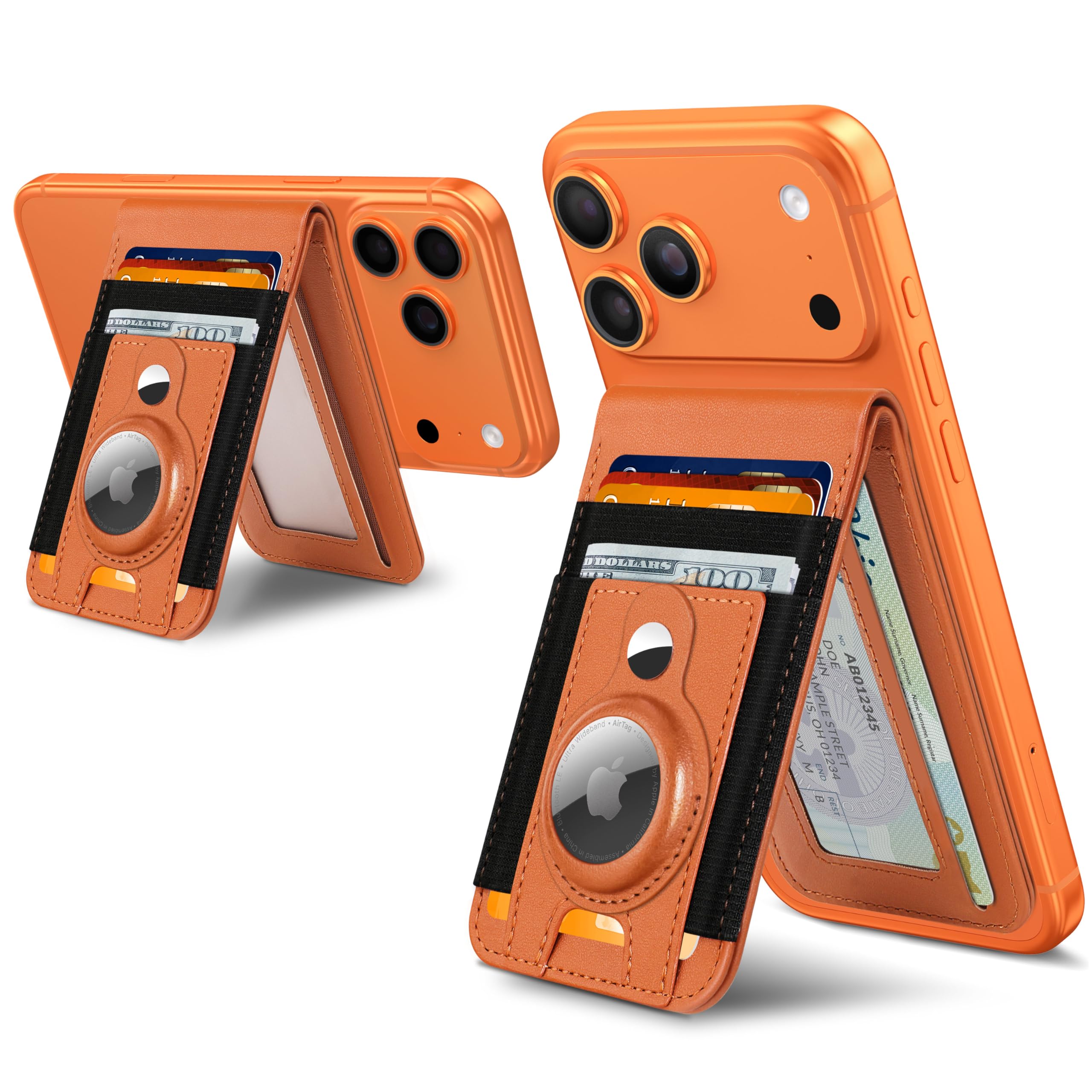 ExtreLife For Magsafe Wallet Stand with Airtag Holder, Strongest Magnetic Wallet for iPhone 17/16/15/14/13/12 Series, ID Window, 4 Card Slots, 10 Cards Holder, Vegan Leather, RFID Blocking, Orange