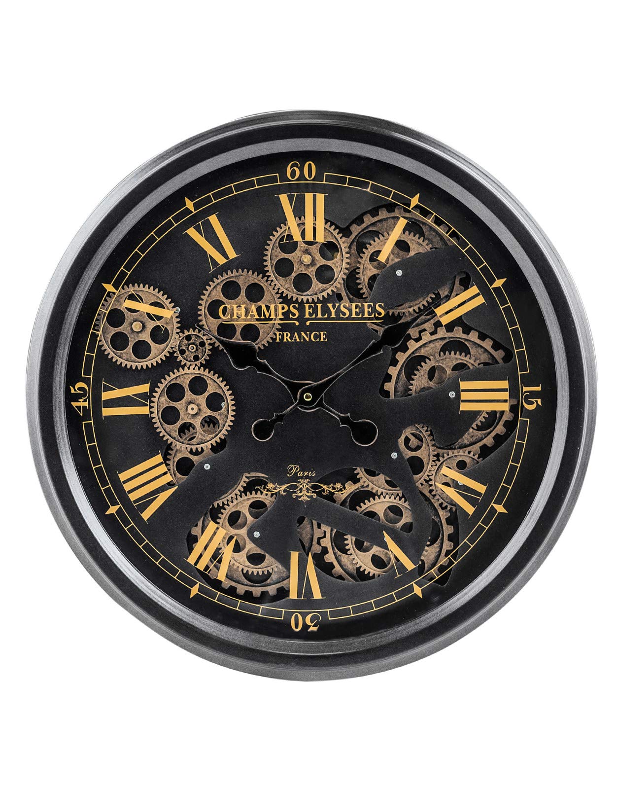 Beautiful 52cm Wall Clock Moving Gears Clock Graphite Black & Gold Roman Numerals