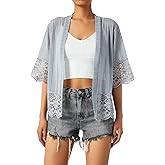 Women's Short Cardigan Sheer Mesh Bolero Shrug 3/4 Sleeve Crop Tops Lace Jacket Beach Cover up for Dress