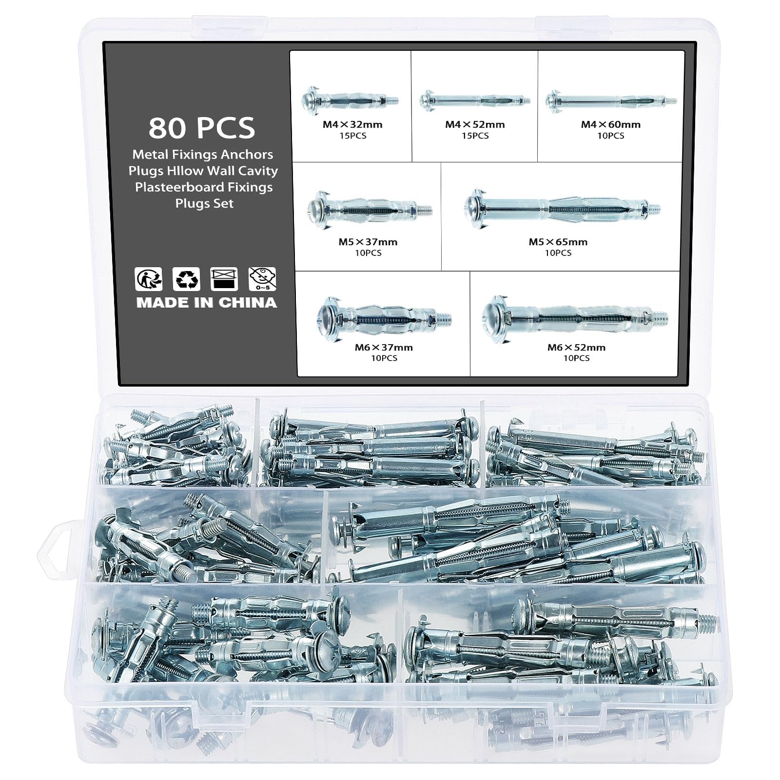 Knpwer 80 Pcs Wall Anchors Plugs,Heavy Duty Metal Plasterboard Cavity Wall Fixings Anchors Plugs,Hollow Drive Wall Anchor Screws Set,Heavy Duty Metal Anchors