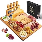 Xergur Bamboo Cheese Board Set - Charcuterie Boards and Serving Meat Platter, Cheese Tray with 4 Stainless Steel Cheese Knives Cutting Board Platter, Ideal for Halloween, Wedding, Christmas Gifts