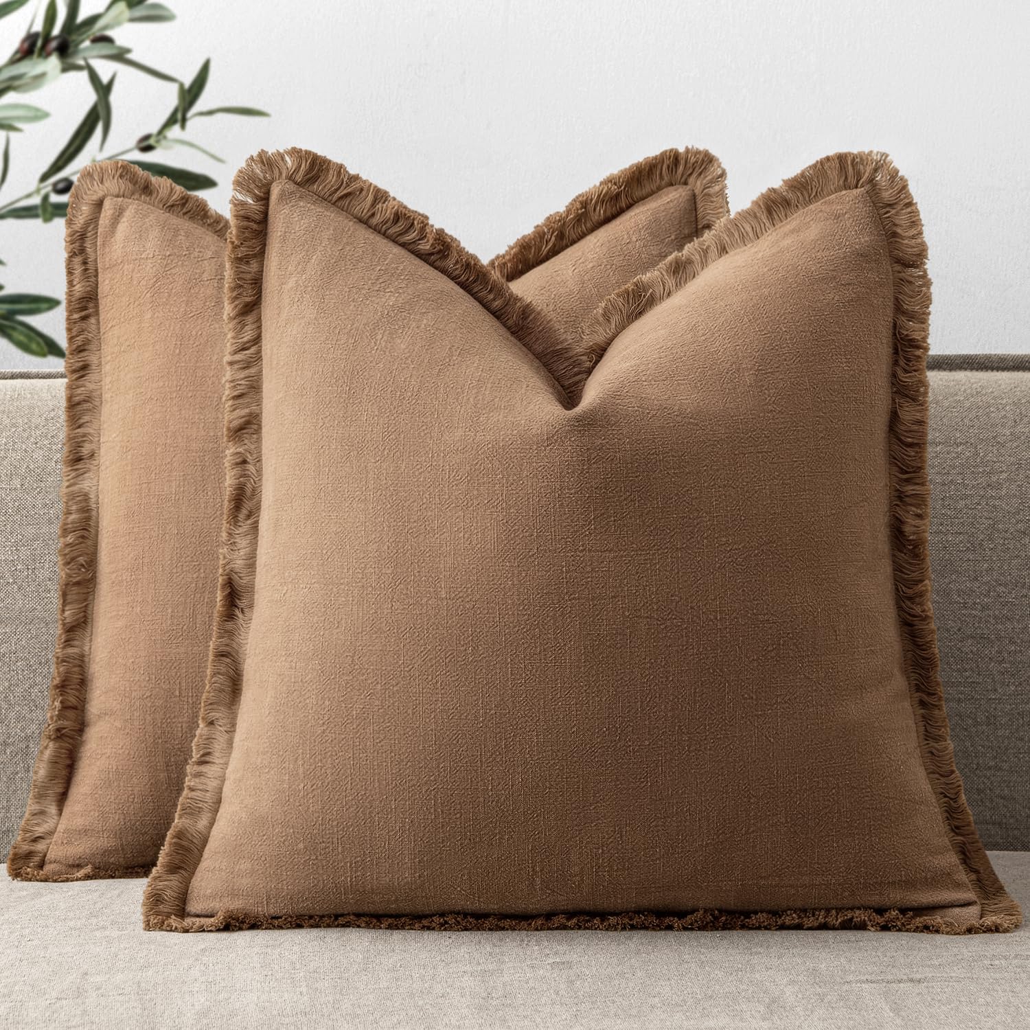 Photo 1 of ANRODUO Set of 2 Decorative Throw Pillow Covers 18×18 Inch Soft Linen Fringe Farmhouse Boho Vintage Cushion Covers with Tassels Accent Pillowcase for Couch Sofa Bed Living Room Fall Home Decor Brick