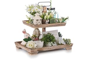 Hanobe Tiered Tray for Table Decor: Christmas 2 Tier Decorative Tray Stand for Coffee Bar - Large Farmhouse Centerpiece Display Stands for Christmas - Wood for Kitchen Counter Decorations