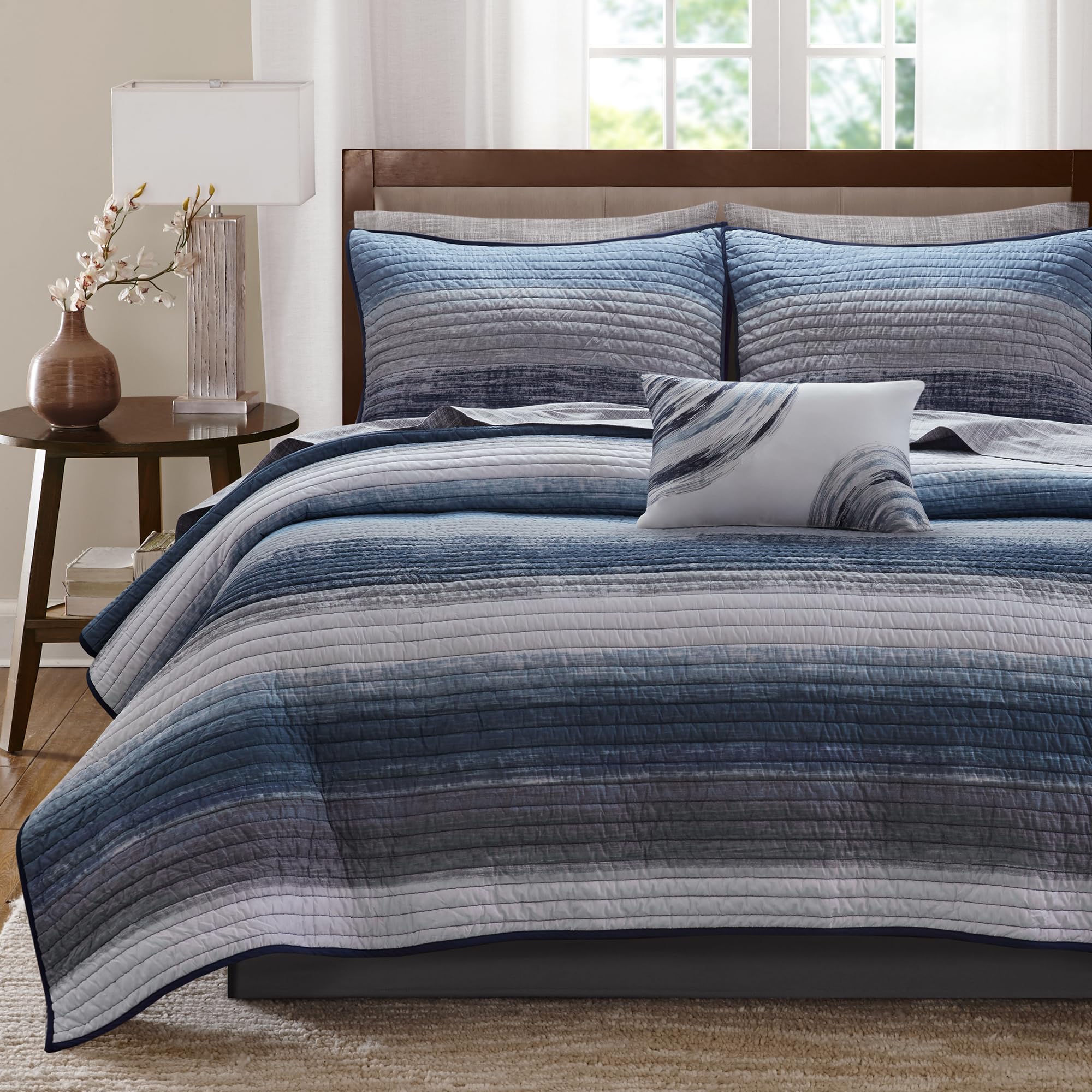 Madison Park Essentials Saben Cozy Bed in A Bag Reversible Quilt with Complete Cotton Sheet Set-Geometric Design All Season Cover, Decorative Pillow, Queen(90"x90"), Stripes Navy 8 Piece Image