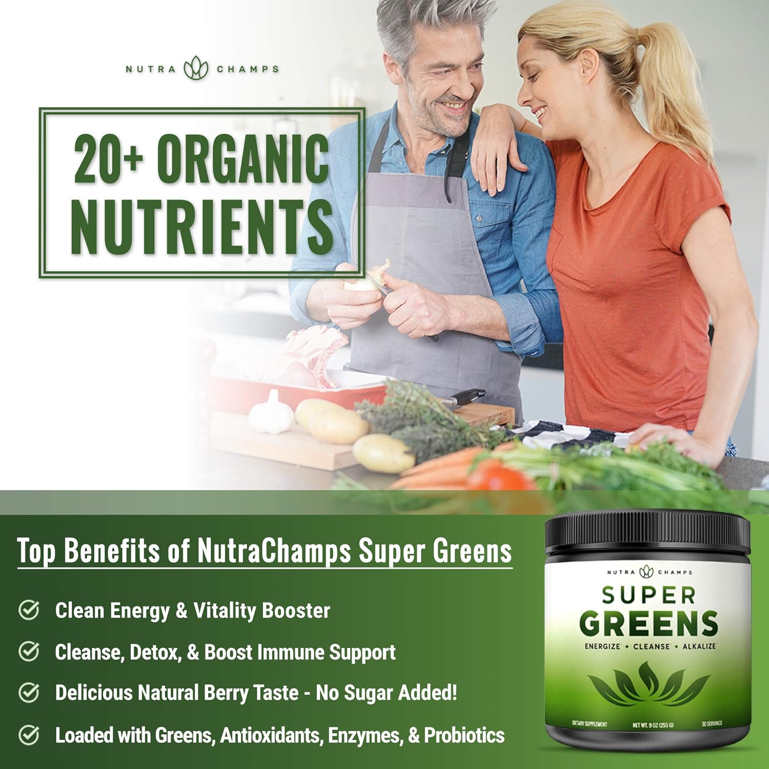 Super Greens Powder Premium Superfood - 20+ Organic Green Veggie Whole Foods - Wheat Grass, Spirulina, Chlorella & More - Antioxidant, Digestive Enzyme & Probiotic Blends | Vegan Juice Supplement: Health & Personal Care