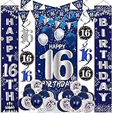 16th Birthday Decorations for Boys Girls, Navy Blue Happy 16th Birthday Door Banner Sign, 16 Years Old Party Supplies Teenagers Bday Backdrop Balloons Hanging Decors