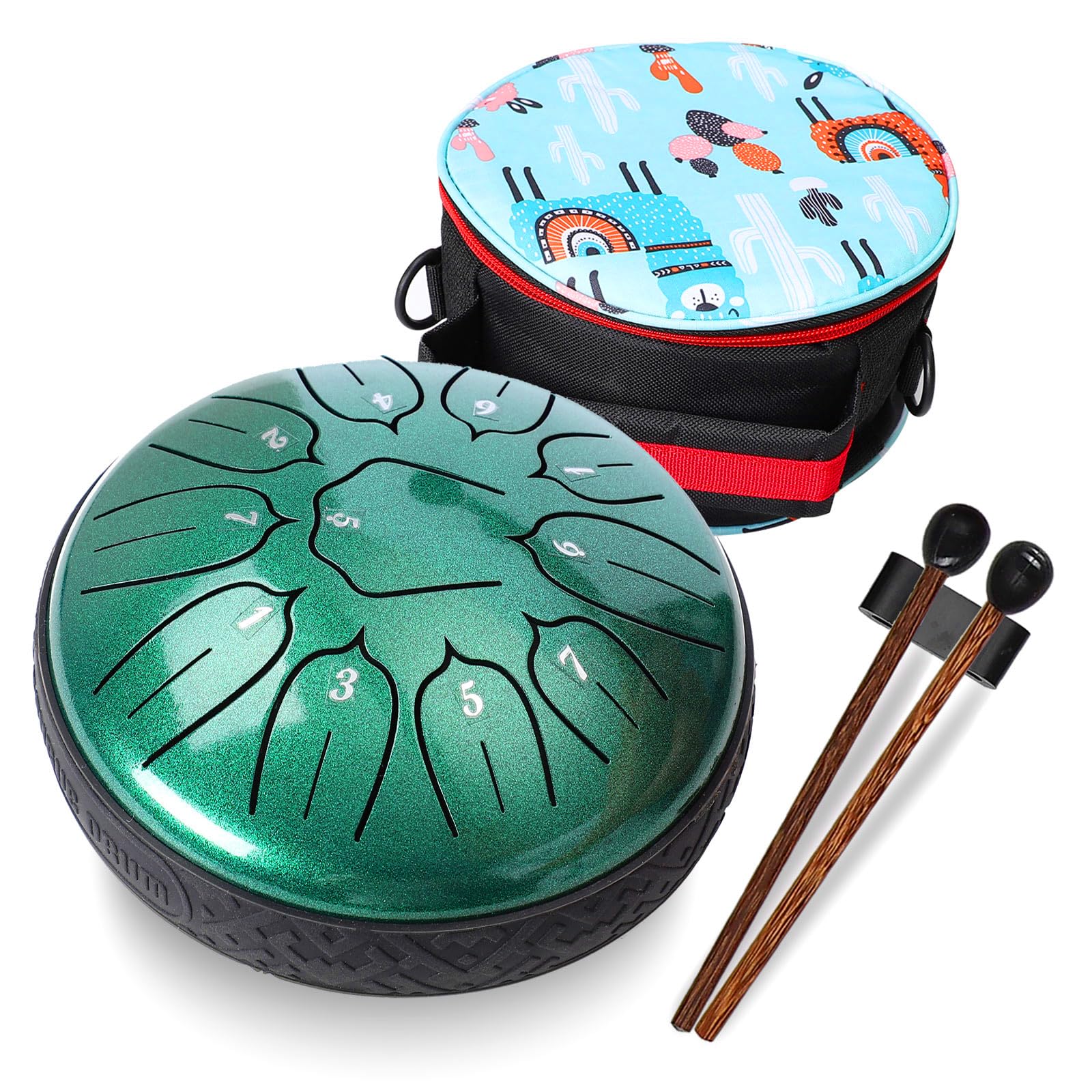 Javik Steel Tongue Drum 11 Notes 6 Inch - D Major Hand Pan Steel Drums Musical Instruments - Metal Meditation Drum Percussion with Bag Music Book Mallets for Adults Beginner(Green)