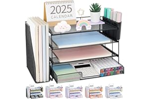 OPNICE Desk Organizer and Accessories, 4-Tier Desktop File Organizer with Drawer and 2 Pen Holders, Office Desk Accessories, File Sorters, Workspace Organizers for Office Supplies(Black)