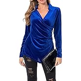 AxByCzD Womens Long Sleeve Velvet Tops Collared Cross Wrap V Neck Ruched Trendy Dressy Casual Shirts Blouses